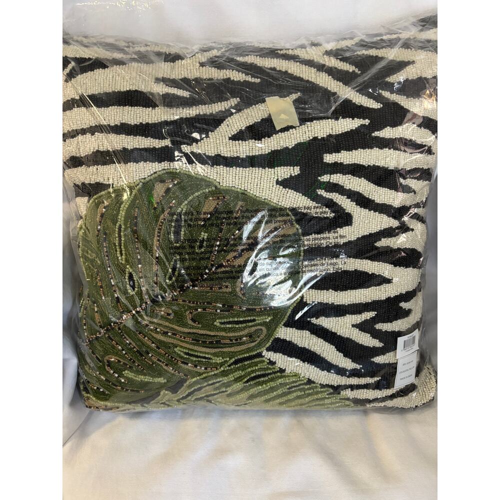 Mackenzie Childs Beaded Square Pillow Tropical Leaves